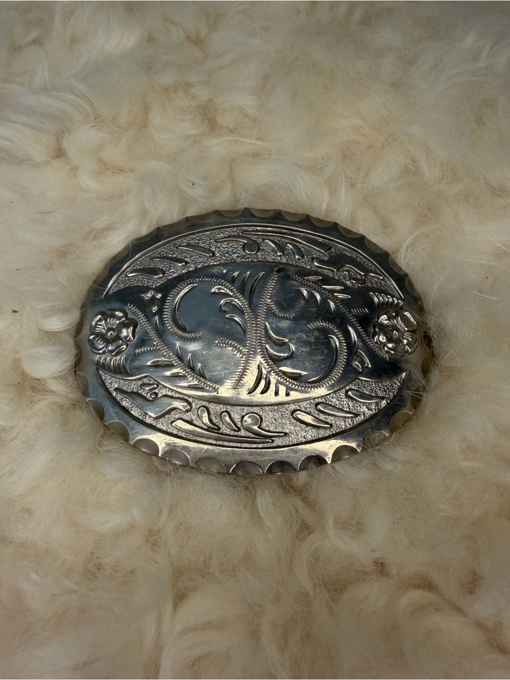 Silver Floral Engraved Oval Belt Buckle - Women Accessories